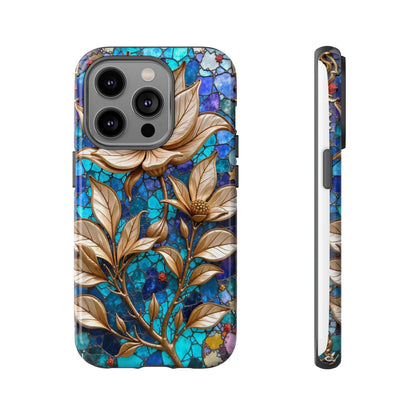 Golden Blossoms on Mosaic Blue Elegance
