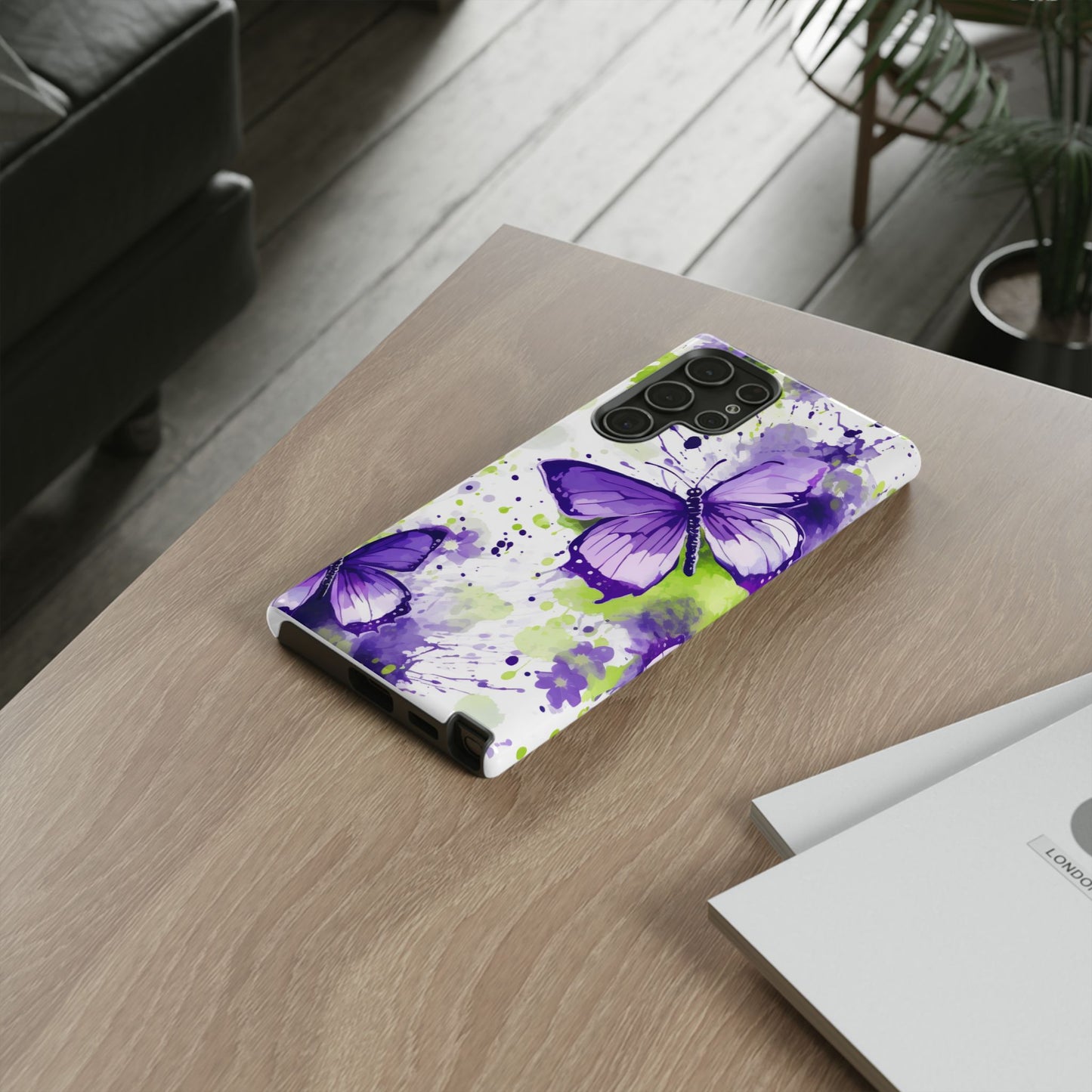 Vibrant Purple Butterfly Splash Mobile Cover – Artistic Green & Violet Aesthetic