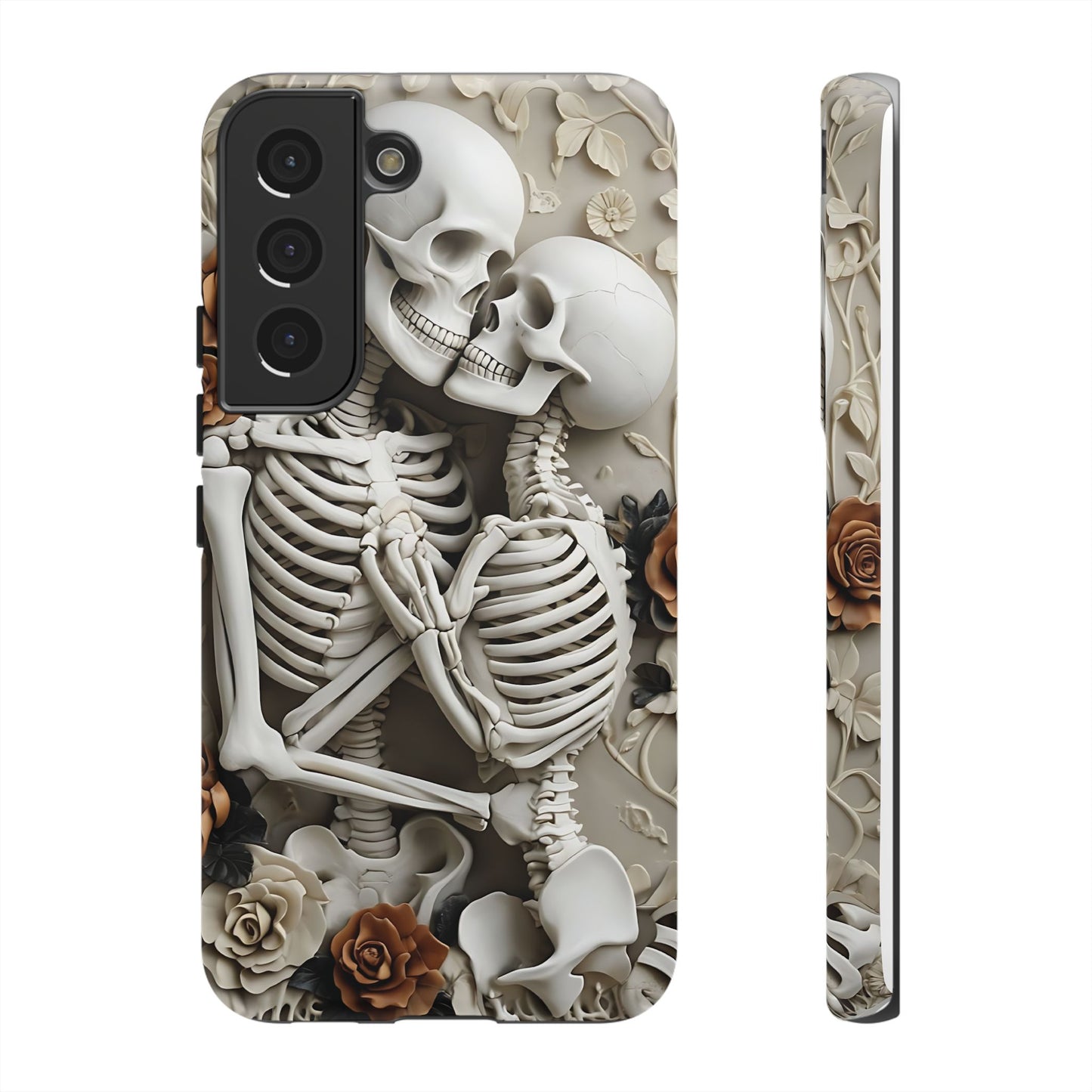 Surreal Bas-Relief Sculpture of Embracing Skeletons with Flowers phone case design.