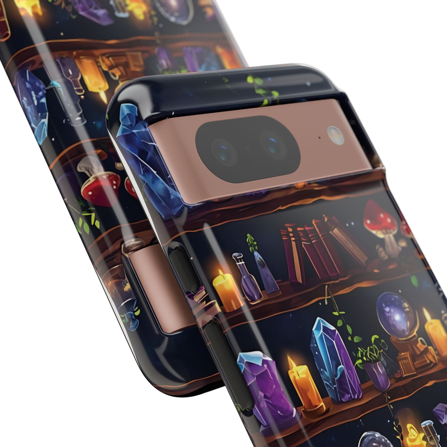 Fantasy Seamless Pattern Of Wooden Shelves Filled With Mystical Items phone case design.