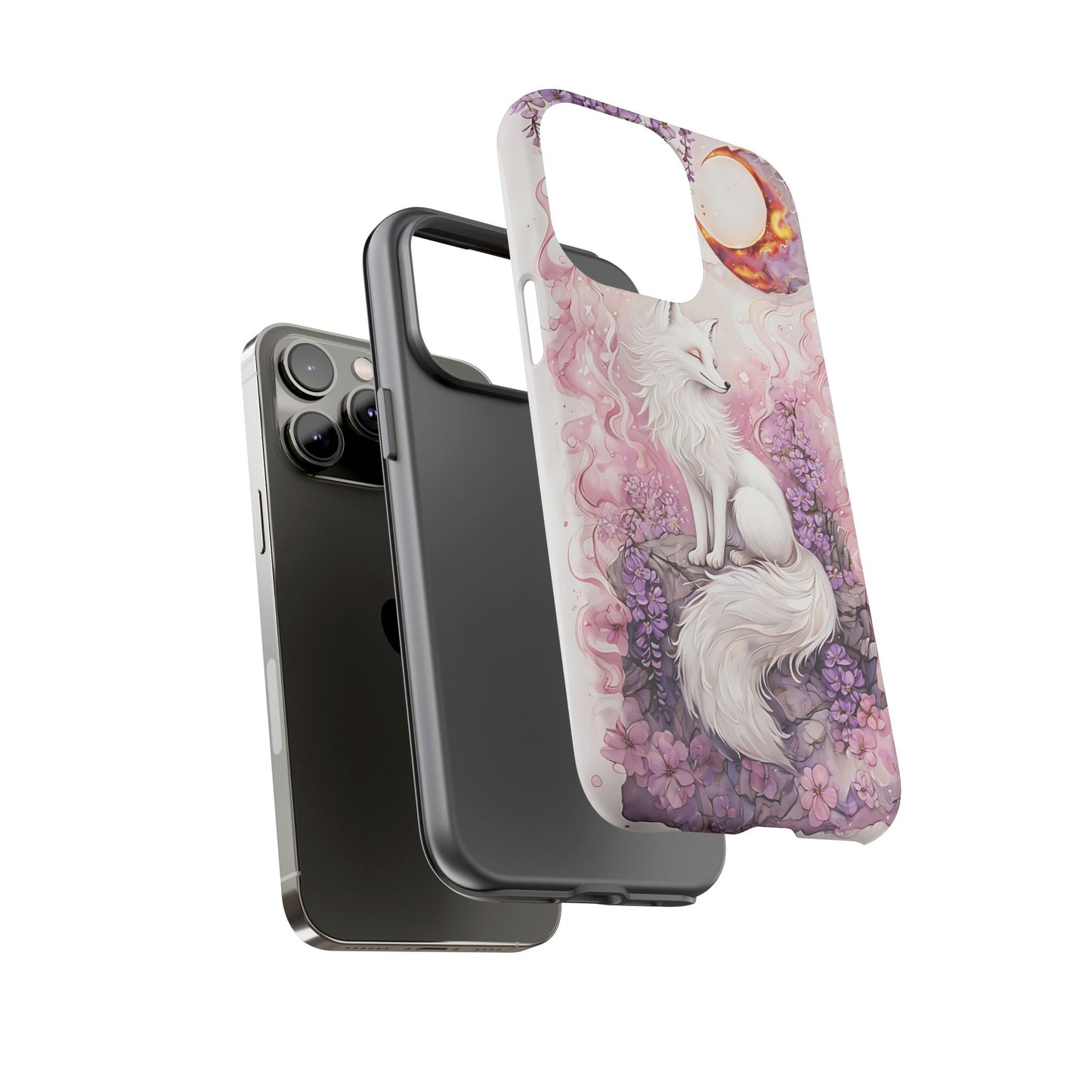 Whimsical White Fox Surrounded By Lavender And Pink Blooms phone case design.