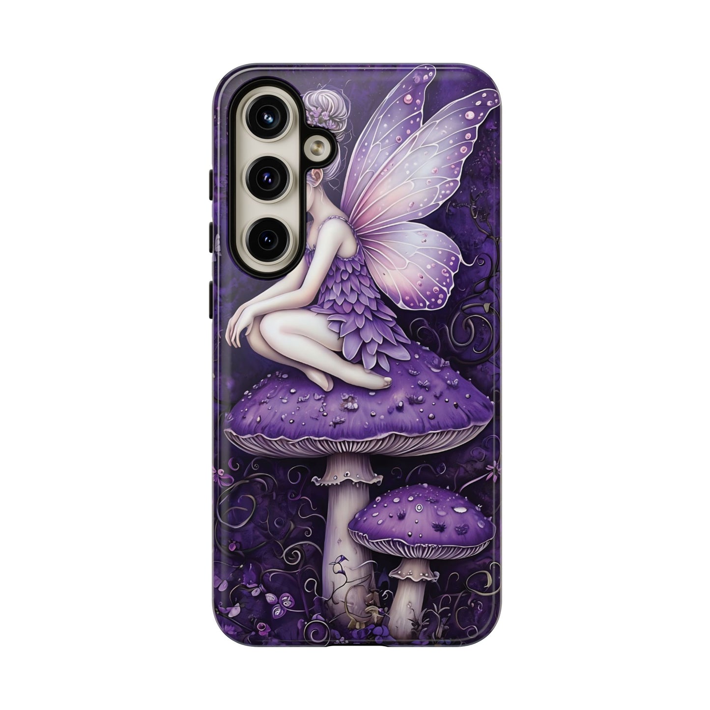 Whimsical Fairy Seated On Purple Mushroom In Enchanting Scene phone case design.