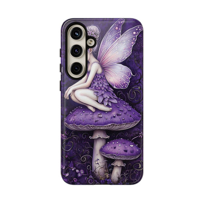 Whimsical Fairy Seated On Purple Mushroom In Enchanting Scene phone case design.