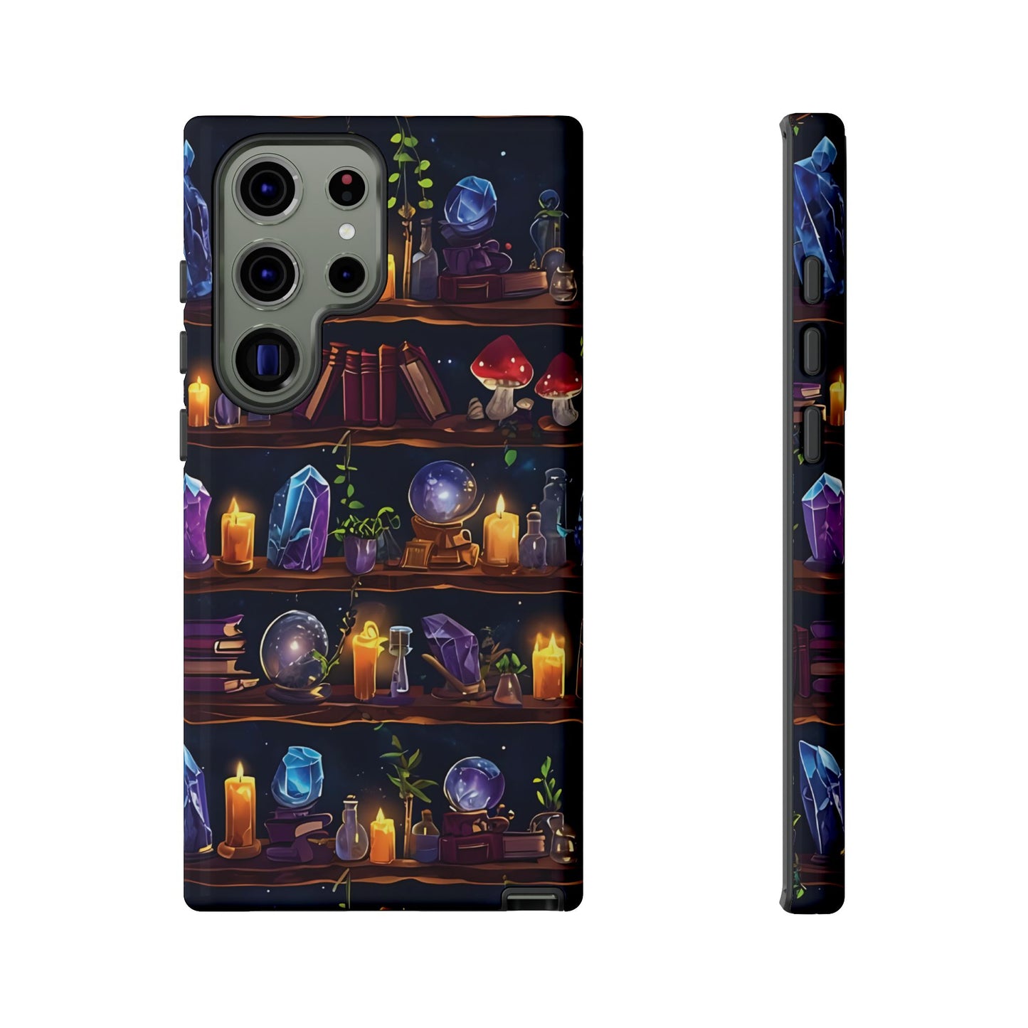 Fantasy Seamless Pattern Of Wooden Shelves Filled With Mystical Items phone case design.