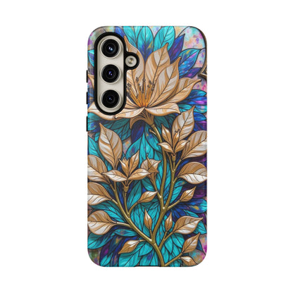 Majestic Golden Blossoms on Mosaic Blue Splendor