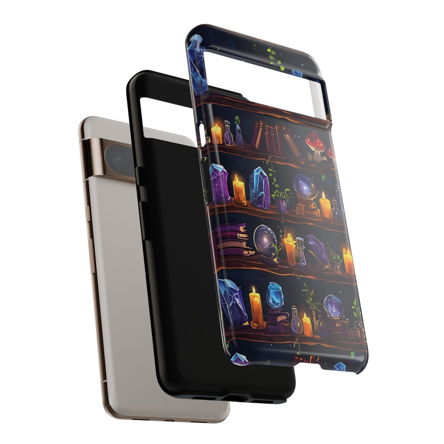 Fantasy Seamless Pattern Of Wooden Shelves Filled With Mystical Items phone case design.