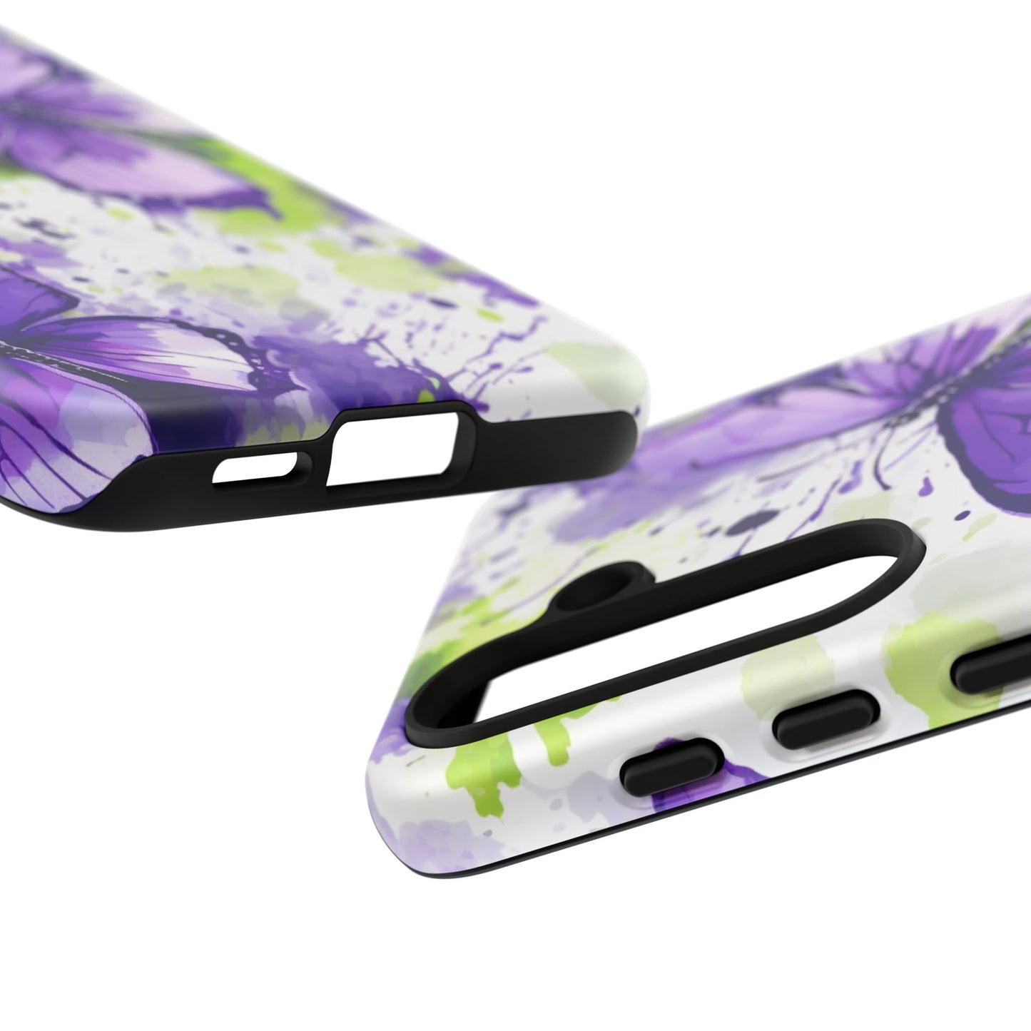 Vibrant Purple Butterfly Splash Mobile Cover – Artistic Green & Violet Aesthetic