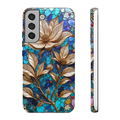 Golden Blossoms on Mosaic Blue Elegance