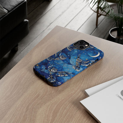 Surrealistic Owls Soaring Through A Celestial Night Sky phone case design.