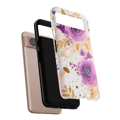 Purple Bloom Watercolor Mobile Case – Artistic Elegance in Gold & Lilac