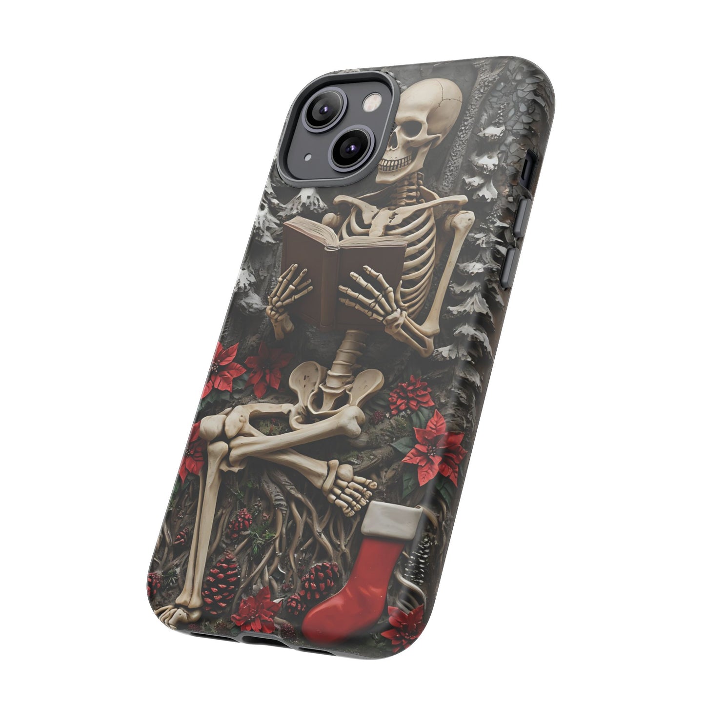 Surreal Relief Sculpture of Skeleton Reading Amidst Festive Decor phone case design