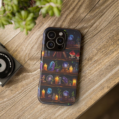 Fantasy Seamless Pattern Of Wooden Shelves Filled With Mystical Items phone case design.