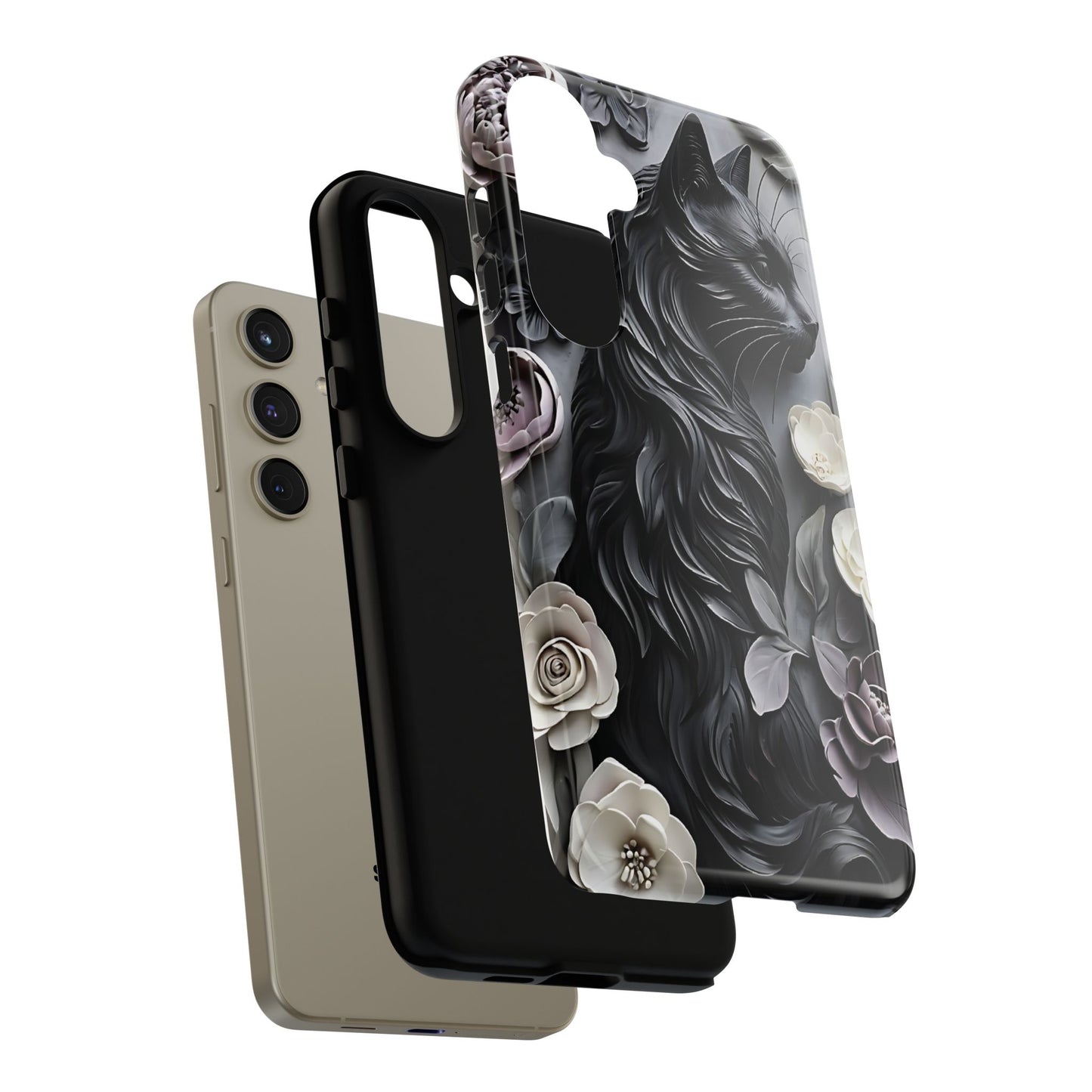 Intricate Bas-Relief Sculpture Of Black Cat Among Flowers phone case design