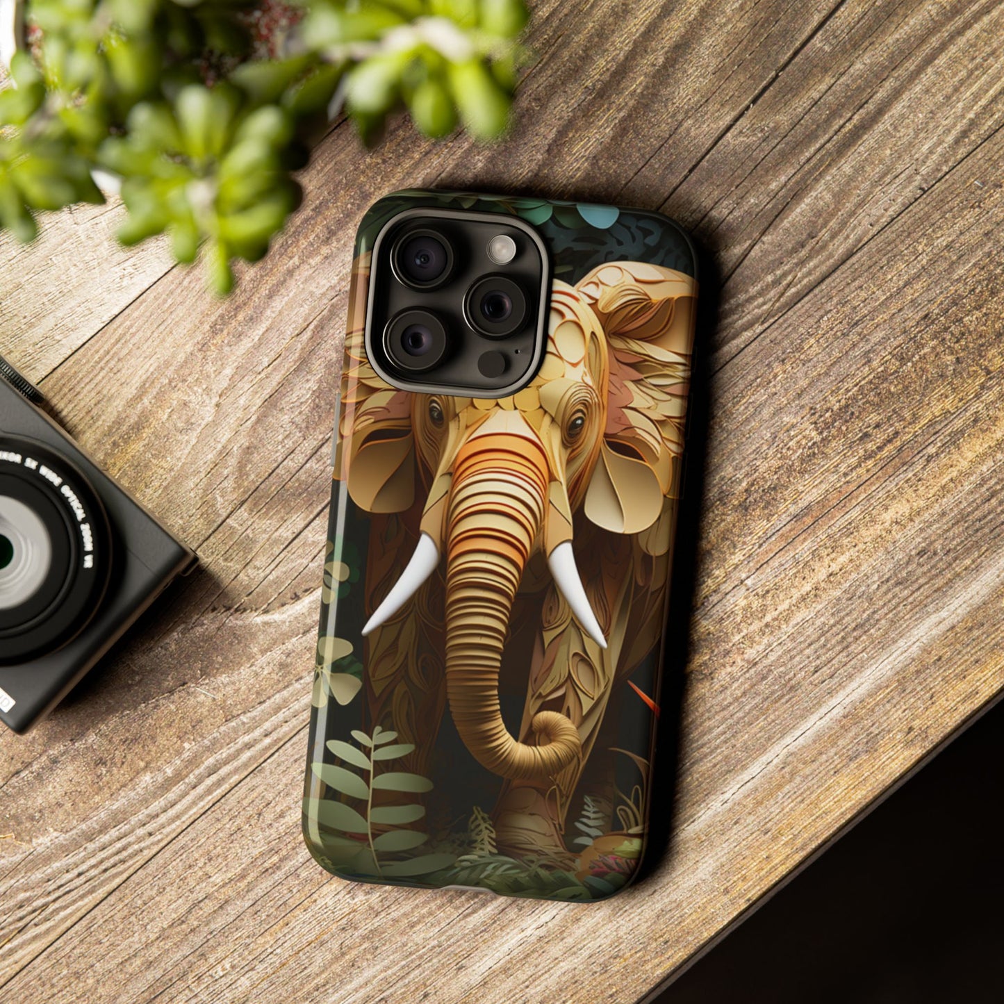 Golden Jungle Elephant Mobile Cover – Intricate Paper Art Design