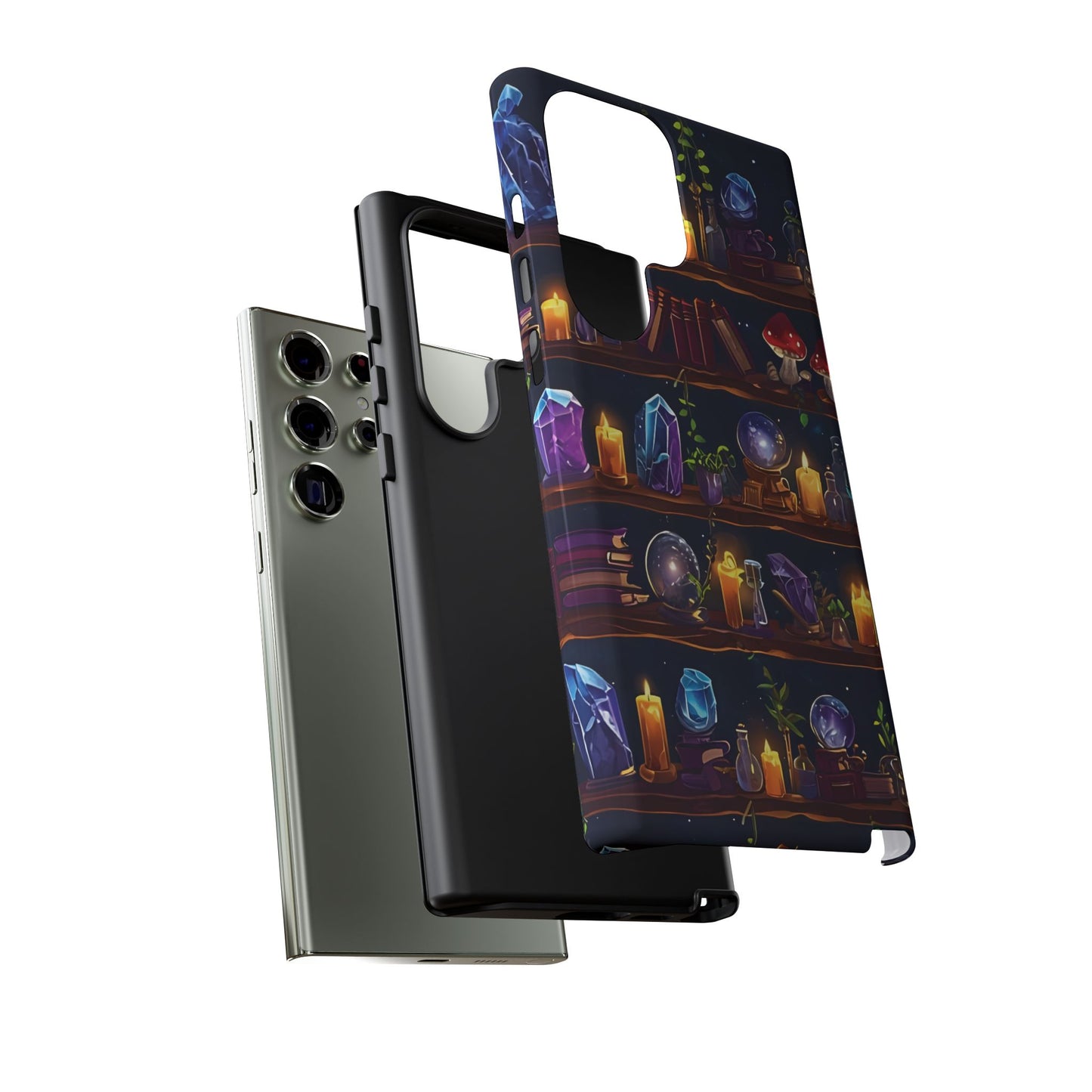 Fantasy Seamless Pattern Of Wooden Shelves Filled With Mystical Items phone case design.