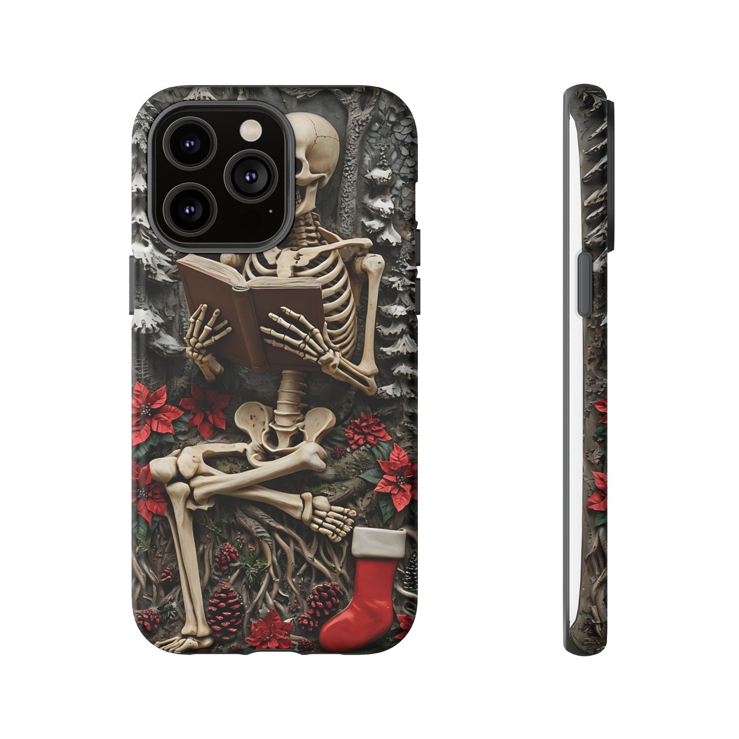Surreal Relief Sculpture of Skeleton Reading Amidst Festive Decor phone case design