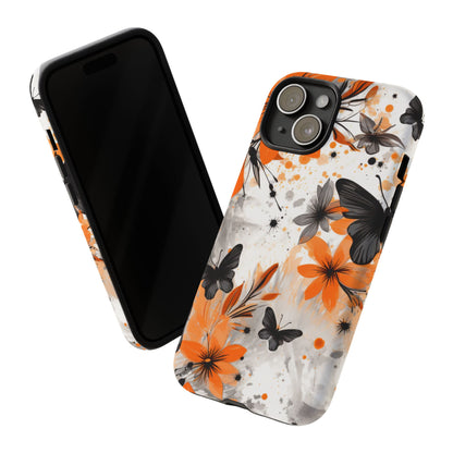 Bold Butterfly & Floral Splash Mobile Cover – Black & Orange Aesthetic