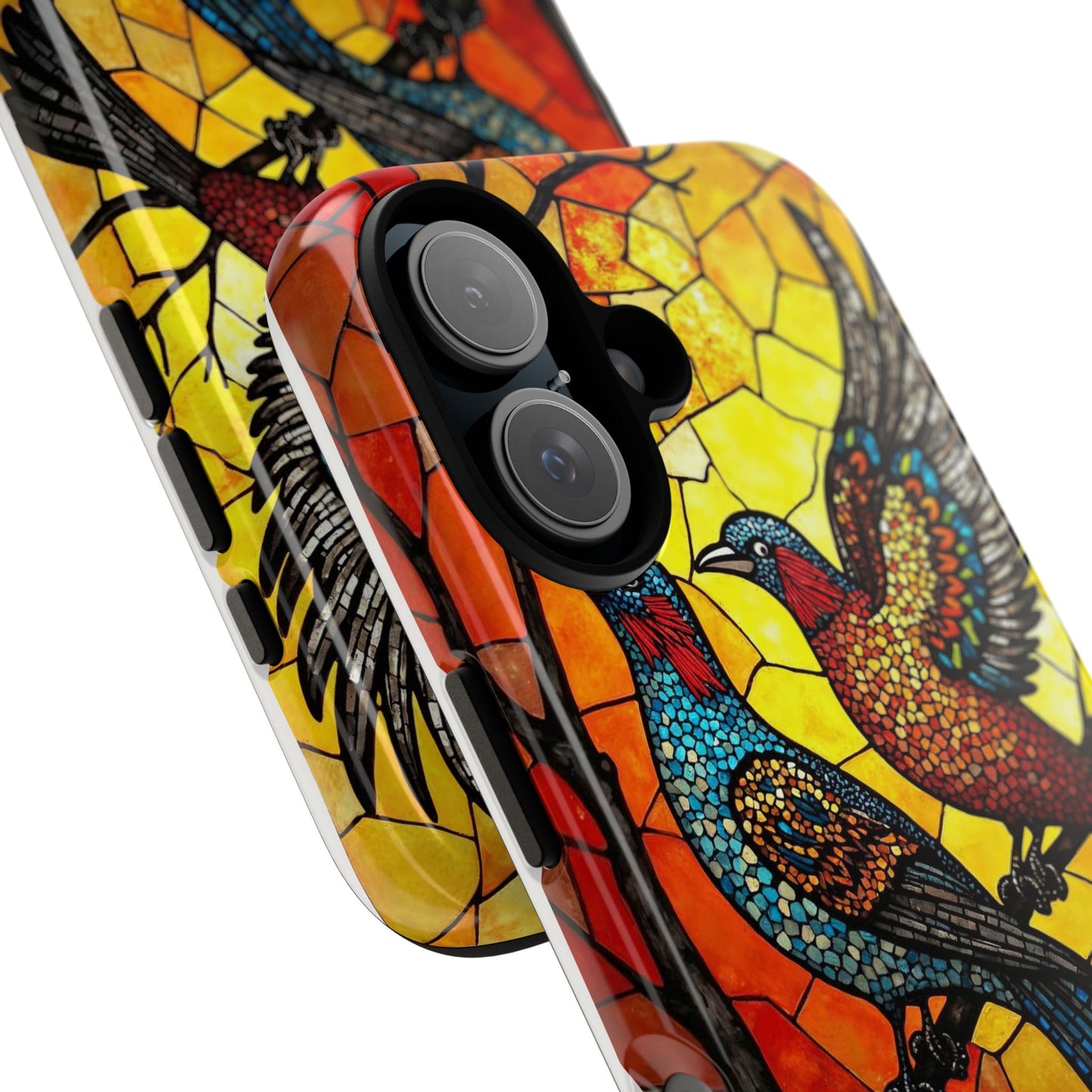 Vibrant Hummingbirds with Stained Glass Charm