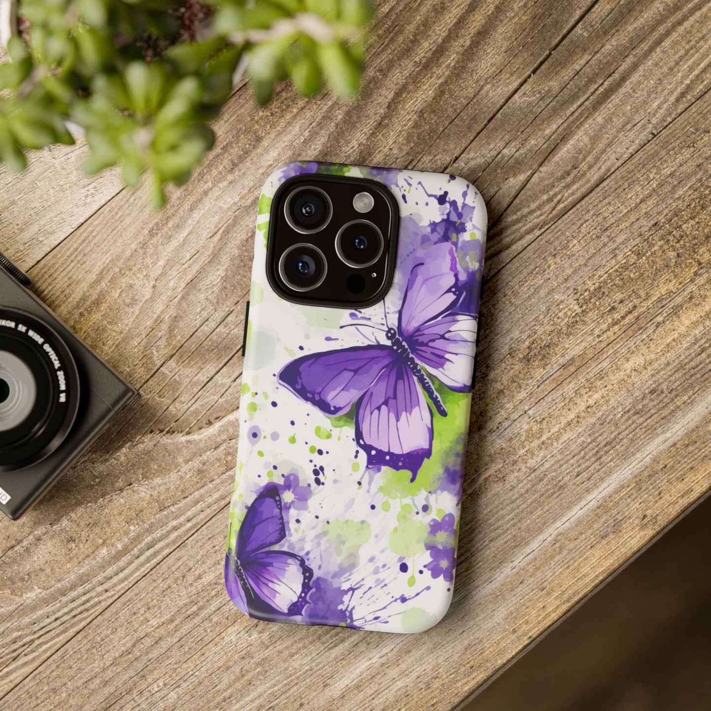 Vibrant Purple Butterfly Splash Mobile Cover – Artistic Green & Violet Aesthetic