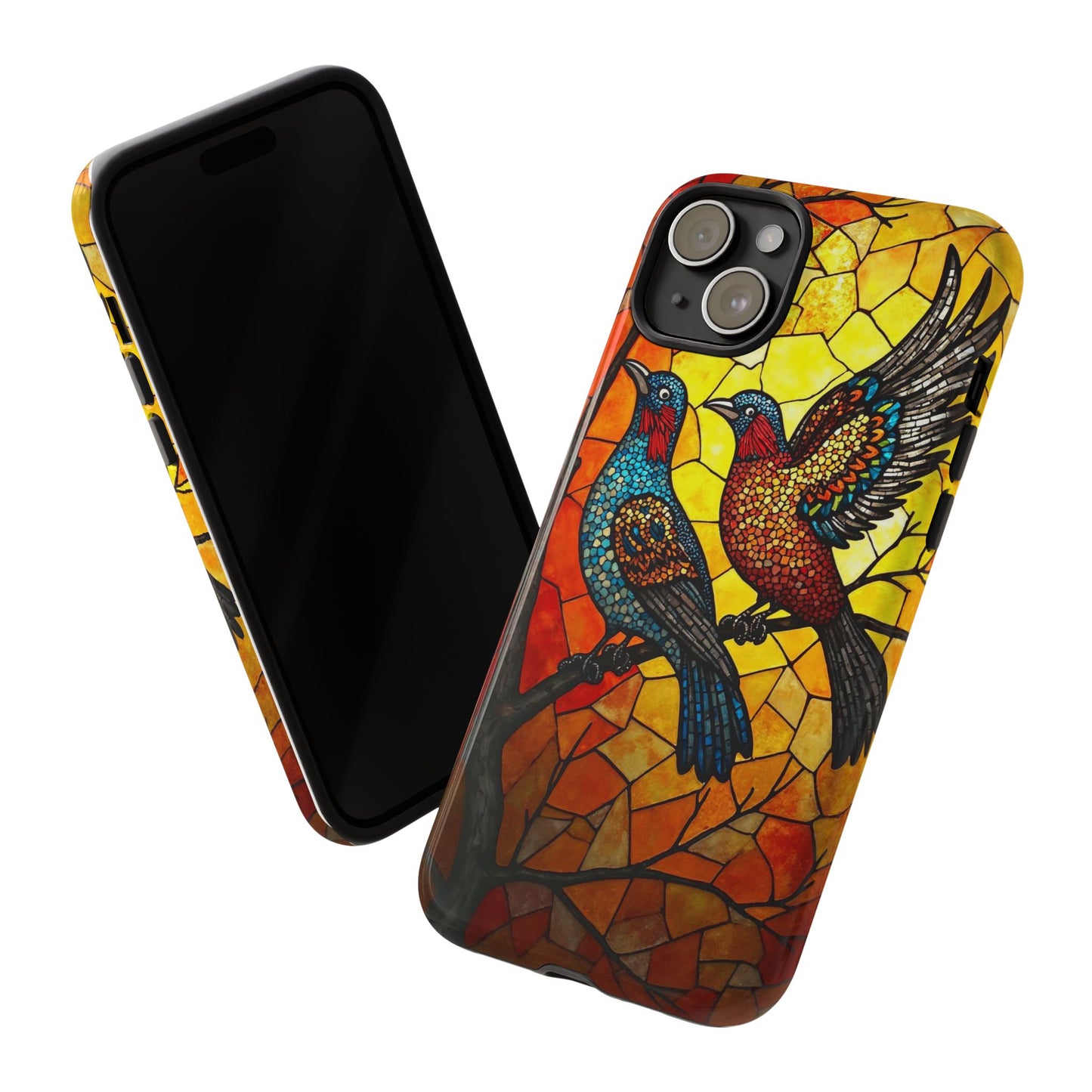 Vibrant Hummingbirds with Stained Glass Charm