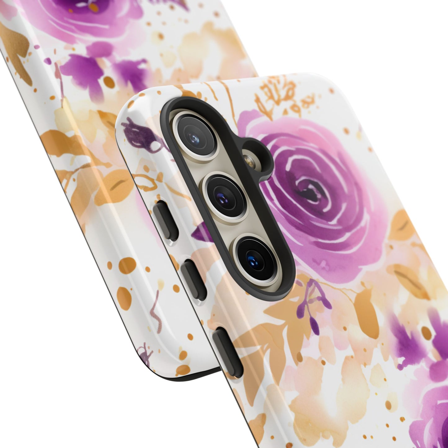 Purple Bloom Watercolor Mobile Case – Artistic Elegance in Gold & Lilac