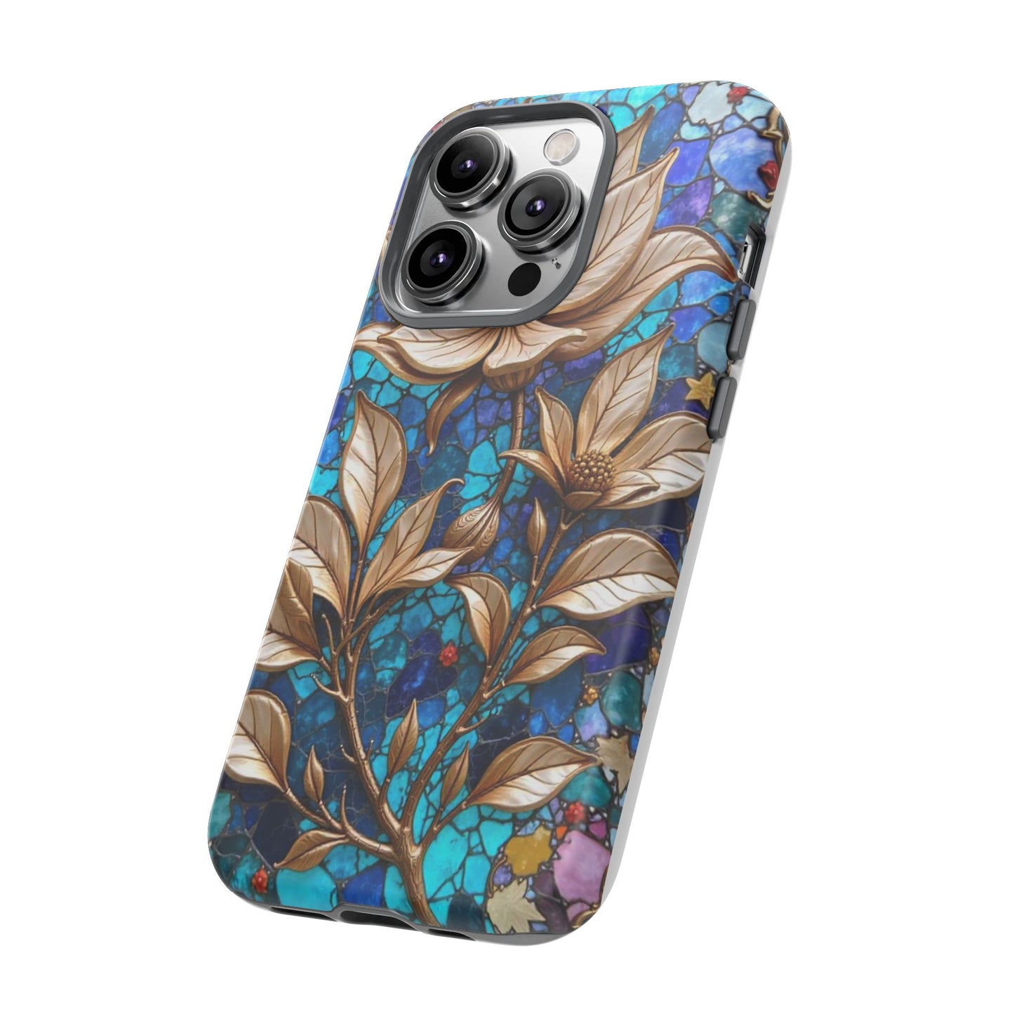 Golden Blossoms on Mosaic Blue Elegance