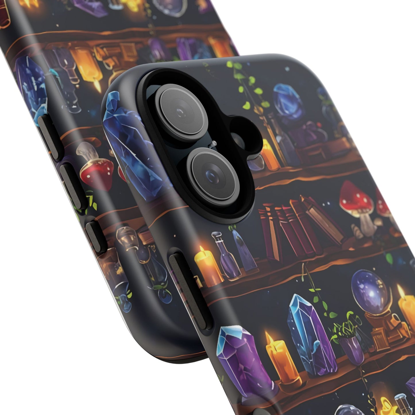 Fantasy Seamless Pattern Of Wooden Shelves Filled With Mystical Items phone case design.