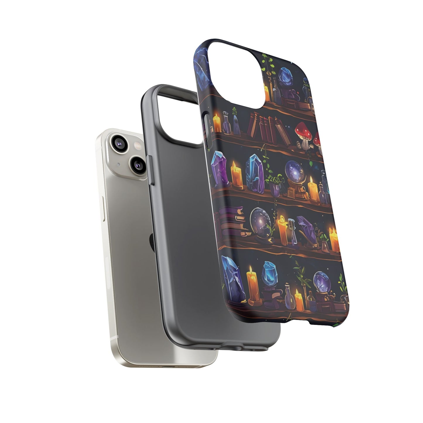 Fantasy Seamless Pattern Of Wooden Shelves Filled With Mystical Items phone case design.
