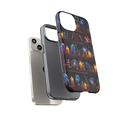 Fantasy Seamless Pattern Of Wooden Shelves Filled With Mystical Items phone case design.