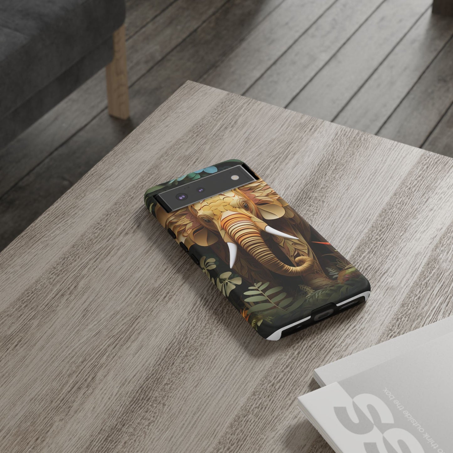 Golden Jungle Elephant Mobile Cover – Intricate Paper Art Design