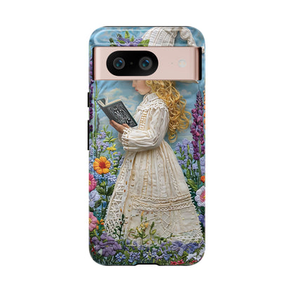 Whimsical Embroidery Of A Girl Reading In A Garden phone case design.