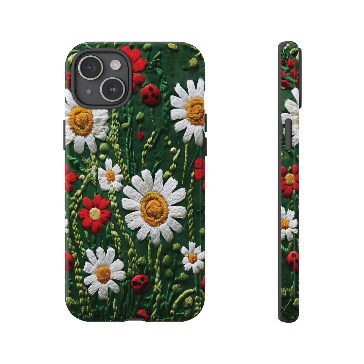 Intricate Embroidered Fabric Featuring Daisies And Ladybugs phone case design