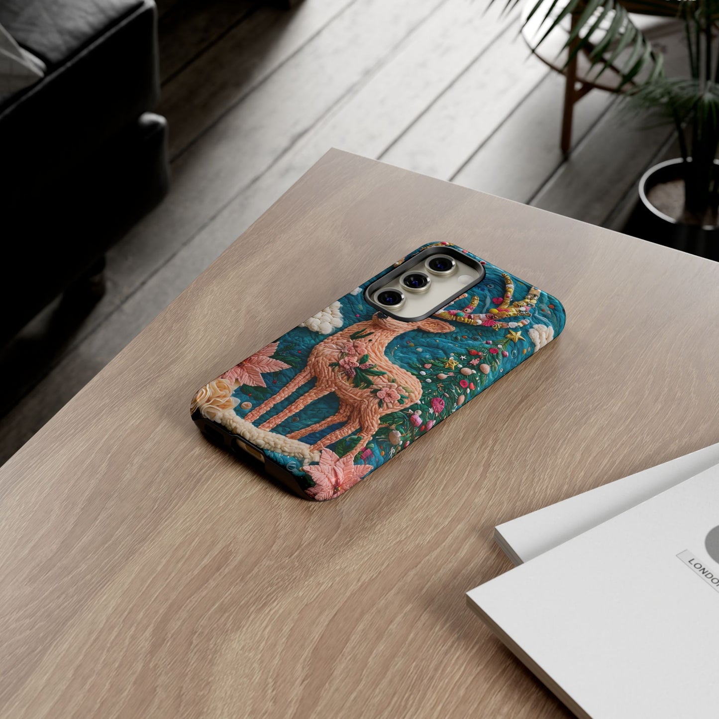Whimsical Textile Art Featuring Intricate Peach-Colored Deer phone case design.