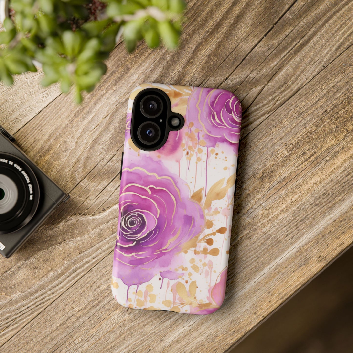 Elegant Purple-Gold Watercolor Rose Mobile Case