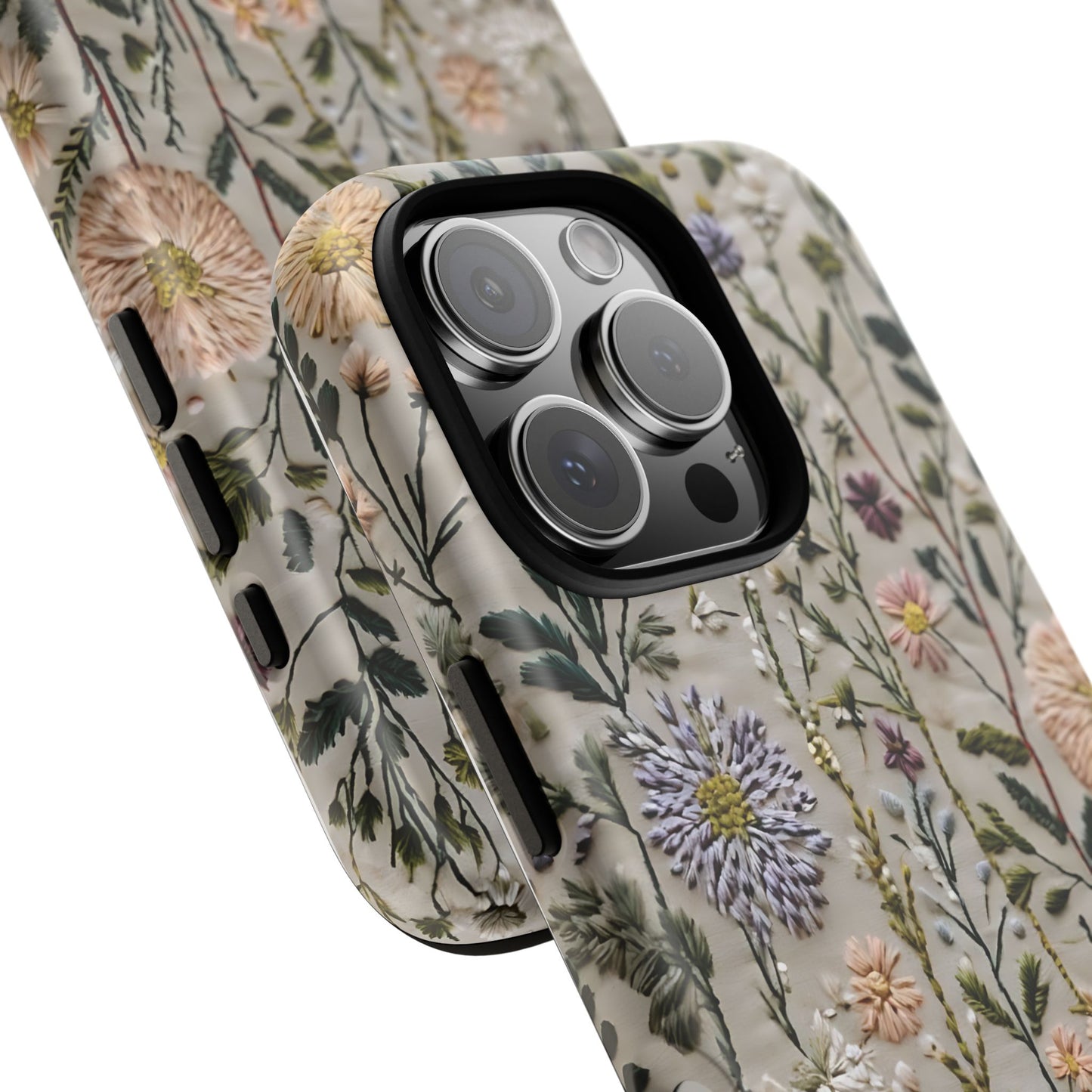 Intricate Embroidery Artwork Featuring Botanical Elements On Beige phone case design.