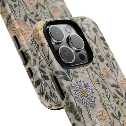Intricate Embroidery Artwork Featuring Botanical Elements On Beige phone case design.