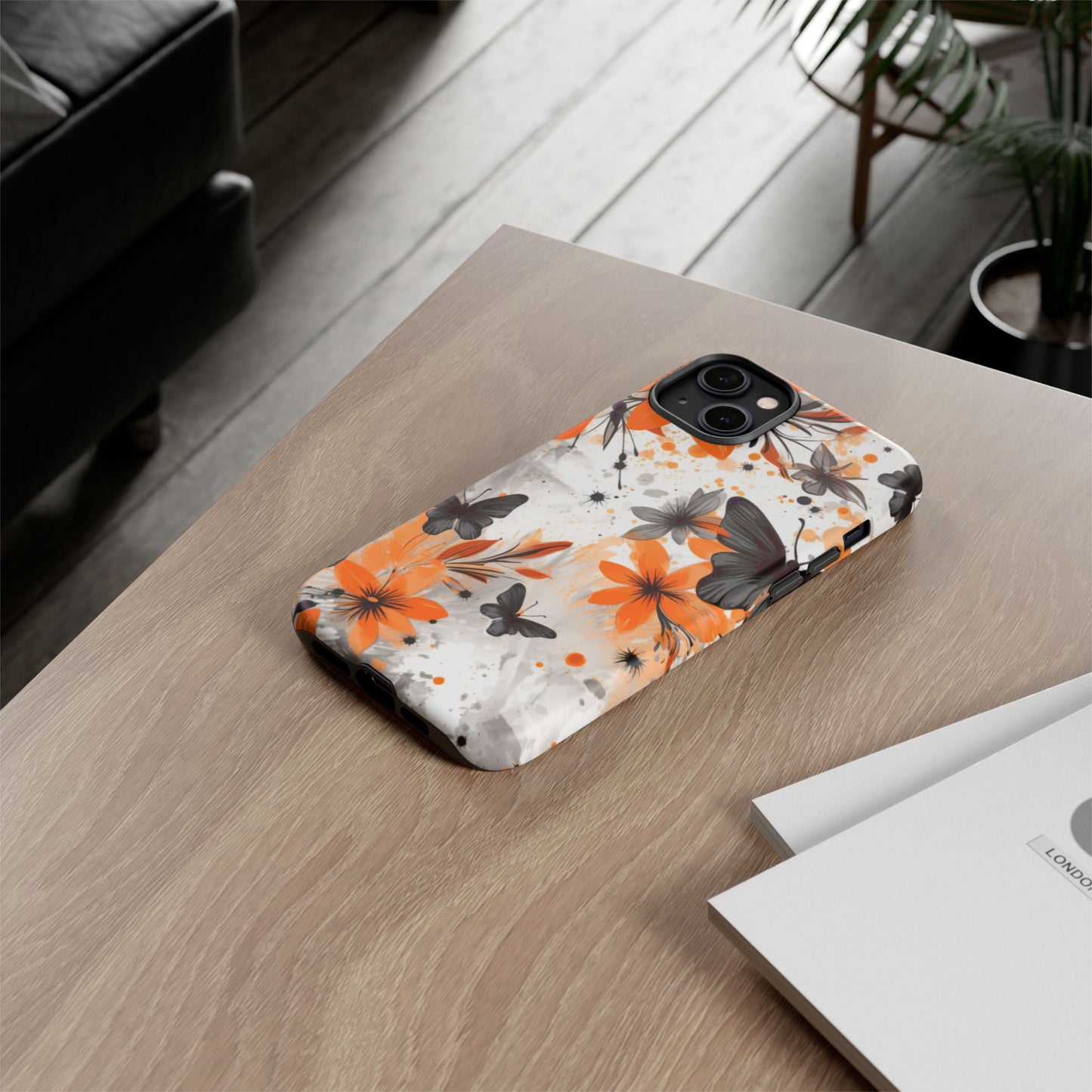 Bold Butterfly & Floral Splash Mobile Cover – Black & Orange Aesthetic
