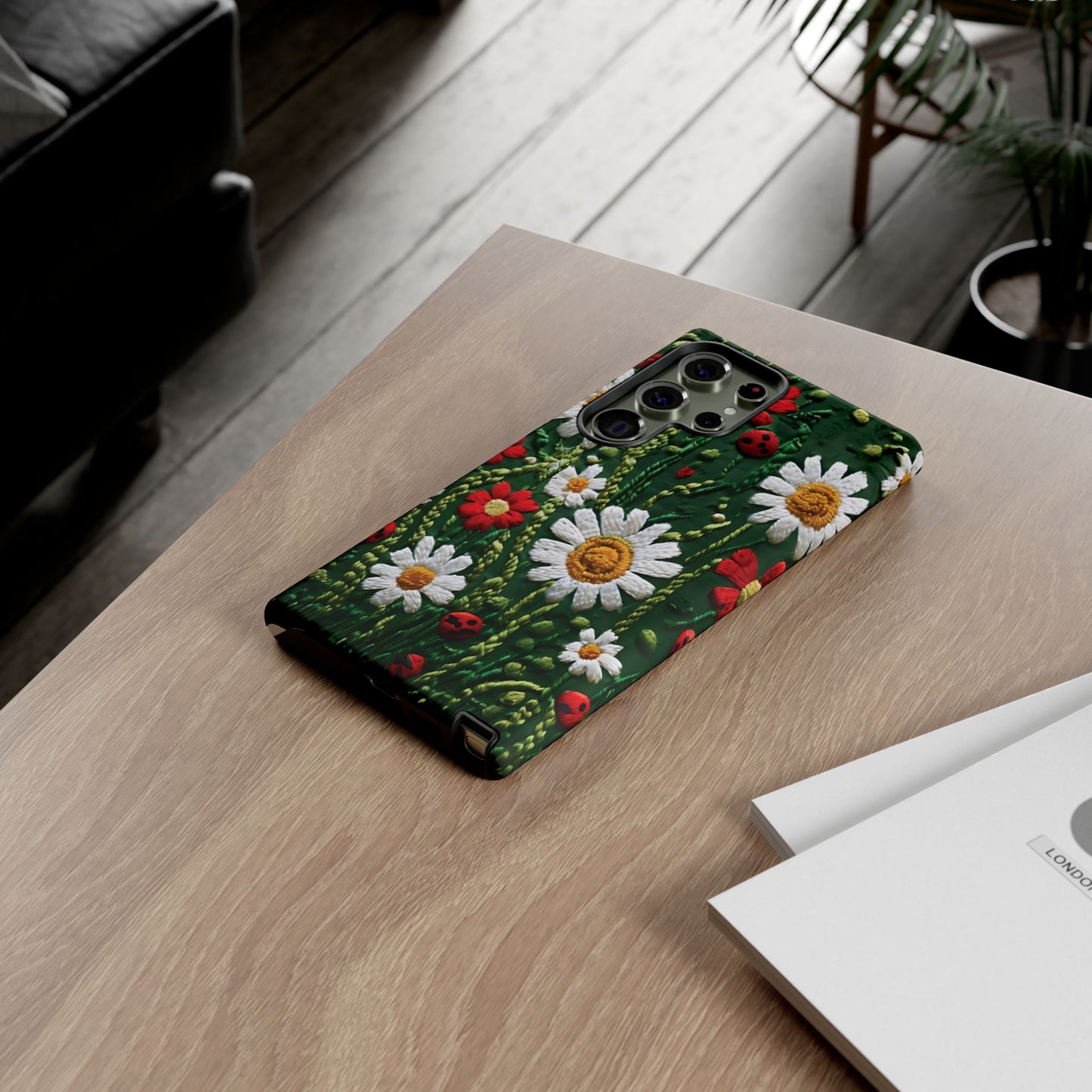 Knitted Pattern With Diamonds And Festive Motifs On Navy phone case design.