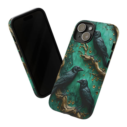 Three Black Ravens Perched On Gold-Accent Branches phone case design