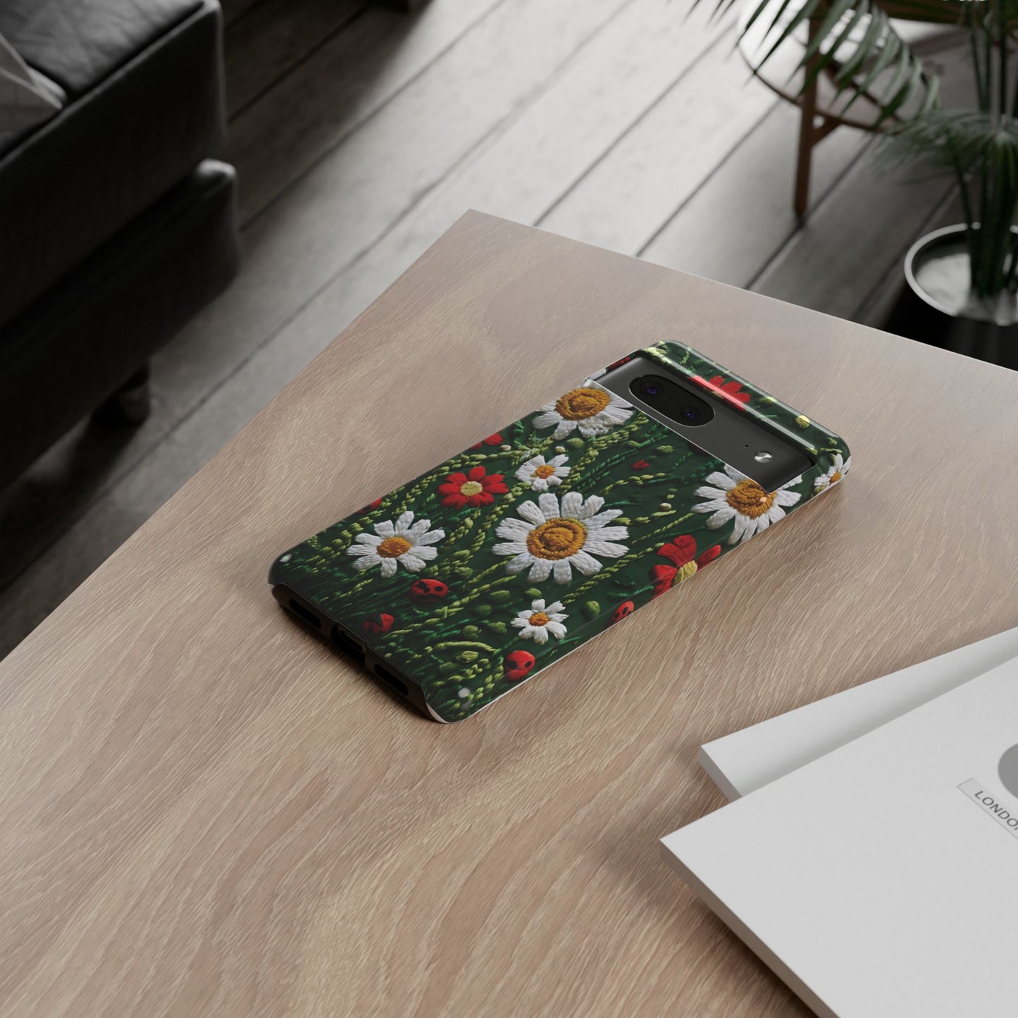 Knitted Pattern With Diamonds And Festive Motifs On Navy phone case design.