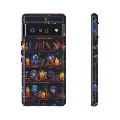 Fantasy Seamless Pattern Of Wooden Shelves Filled With Mystical Items phone case design.