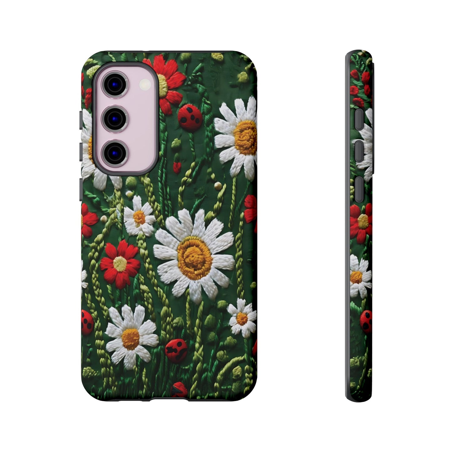Intricate Embroidered Fabric Featuring Daisies And Ladybugs phone case design