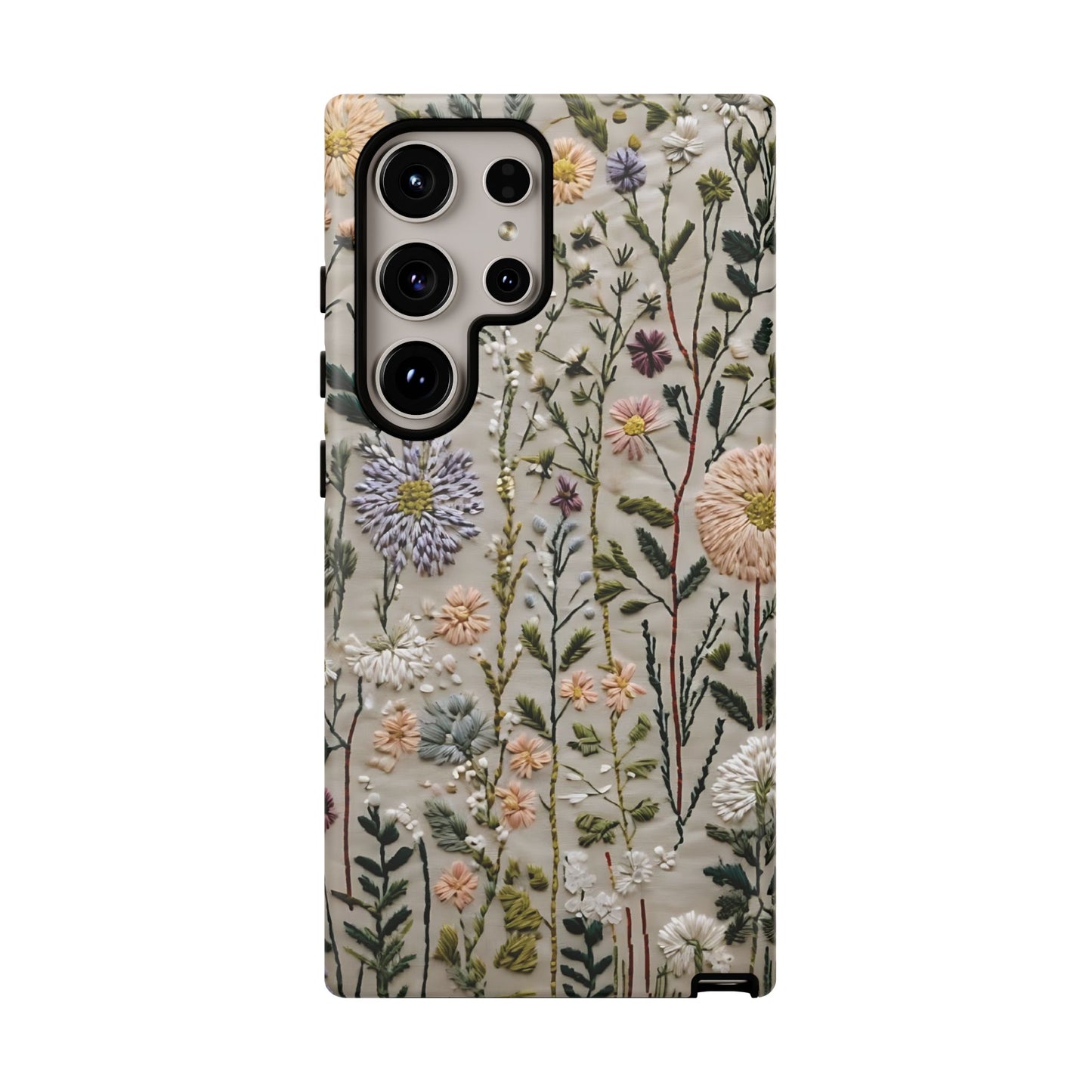 Intricate Embroidery Artwork Featuring Botanical Elements On Beige phone case design.