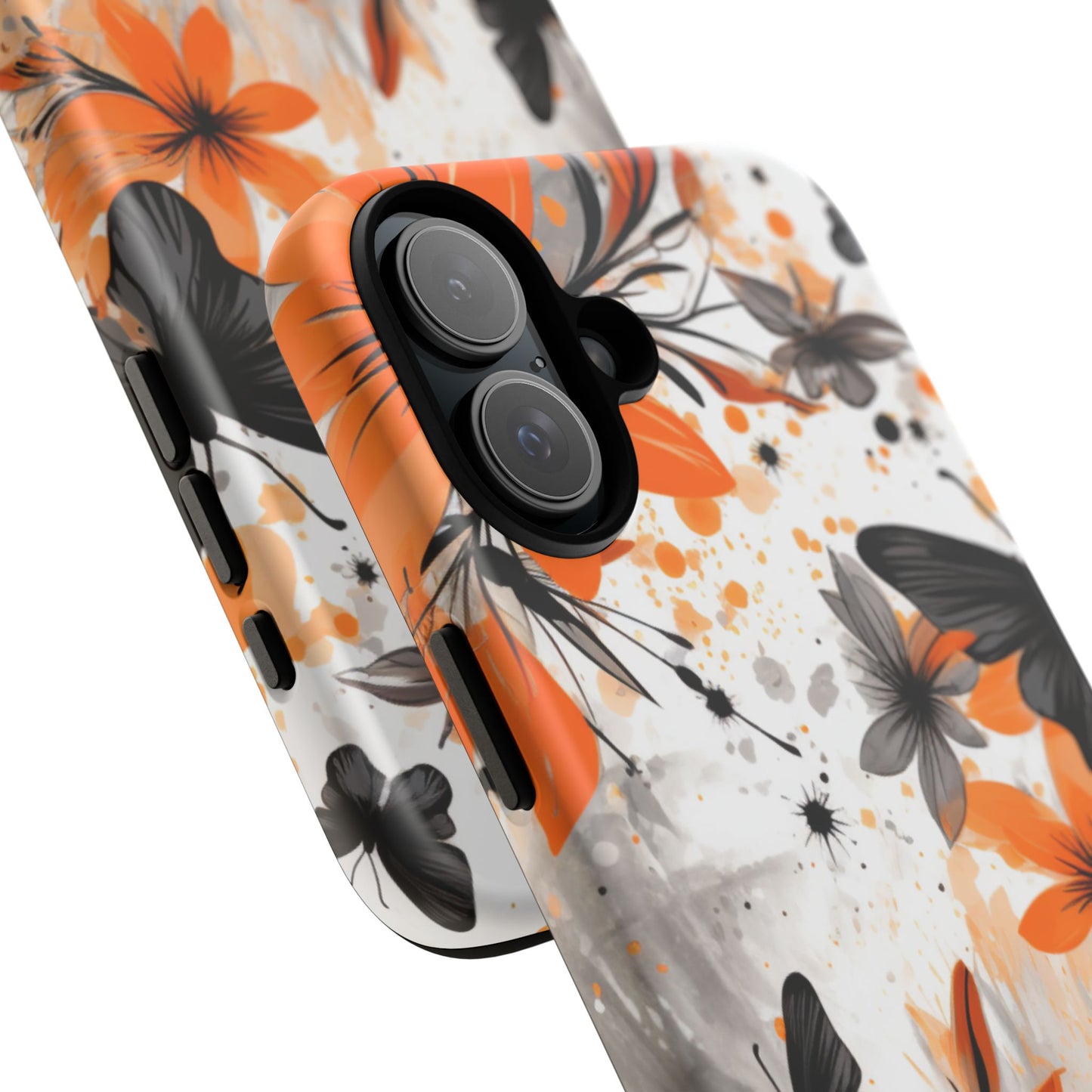 Bold Butterfly & Floral Splash Mobile Cover – Black & Orange Aesthetic