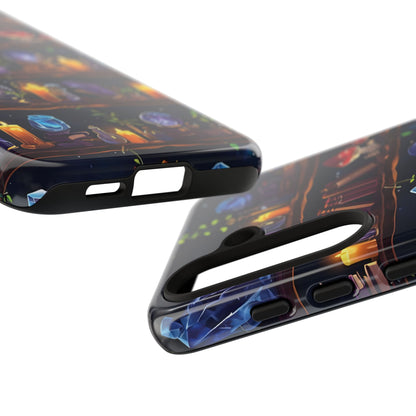 Fantasy Seamless Pattern Of Wooden Shelves Filled With Mystical Items phone case design.