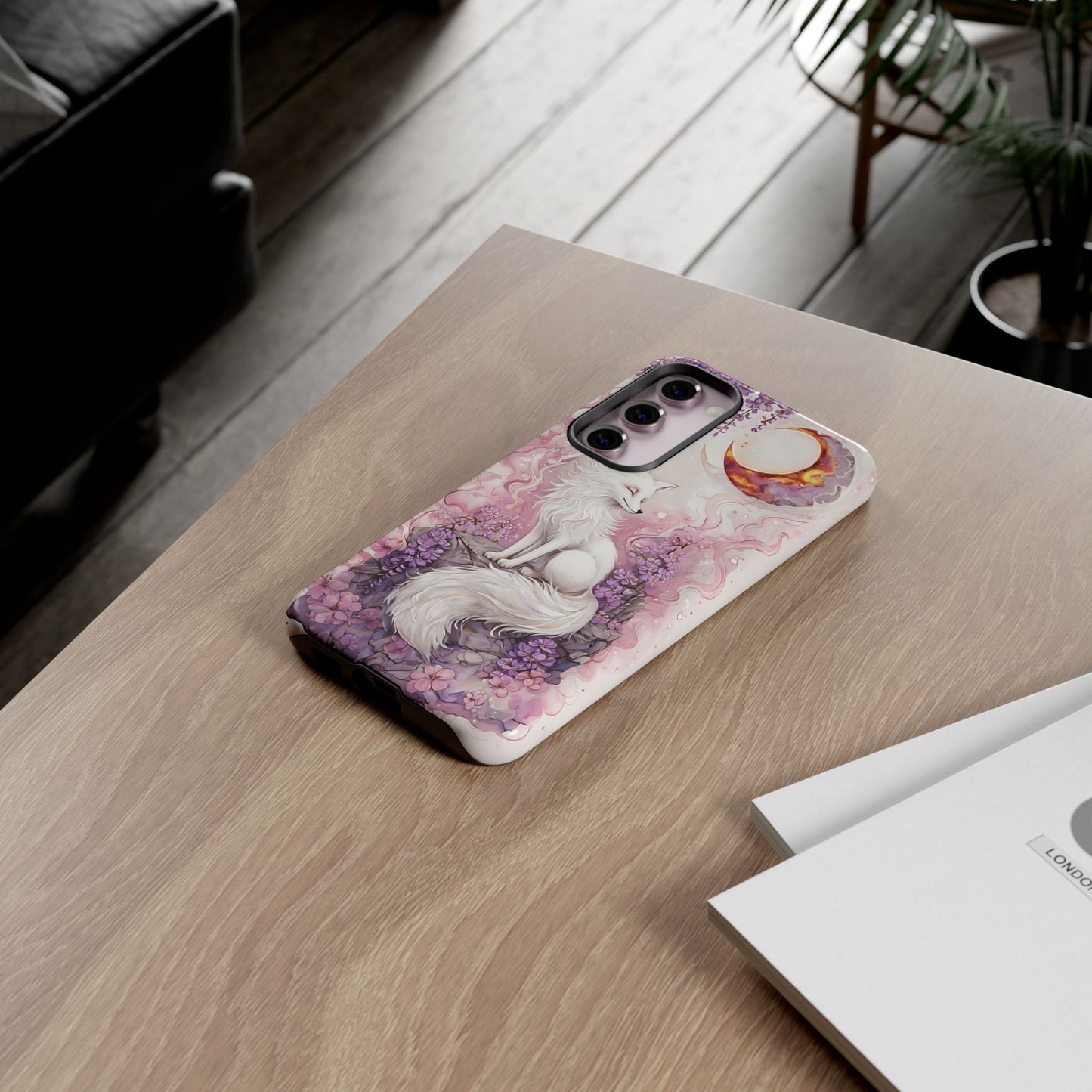 Whimsical White Fox Surrounded By Lavender And Pink Blooms phone case design.
