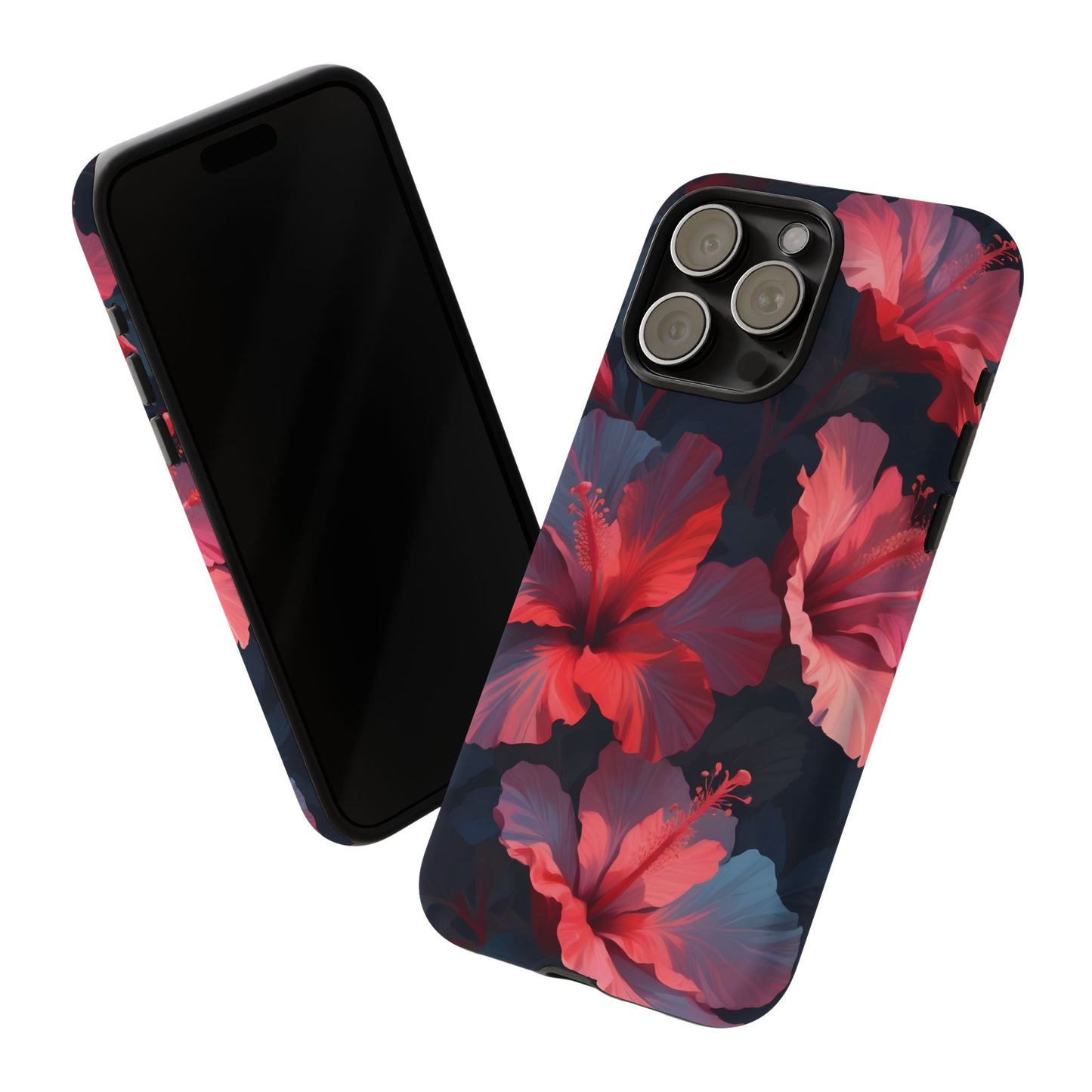 Vibrant red and pink hibiscus flowers blooming against a dark background| Floral phone case design