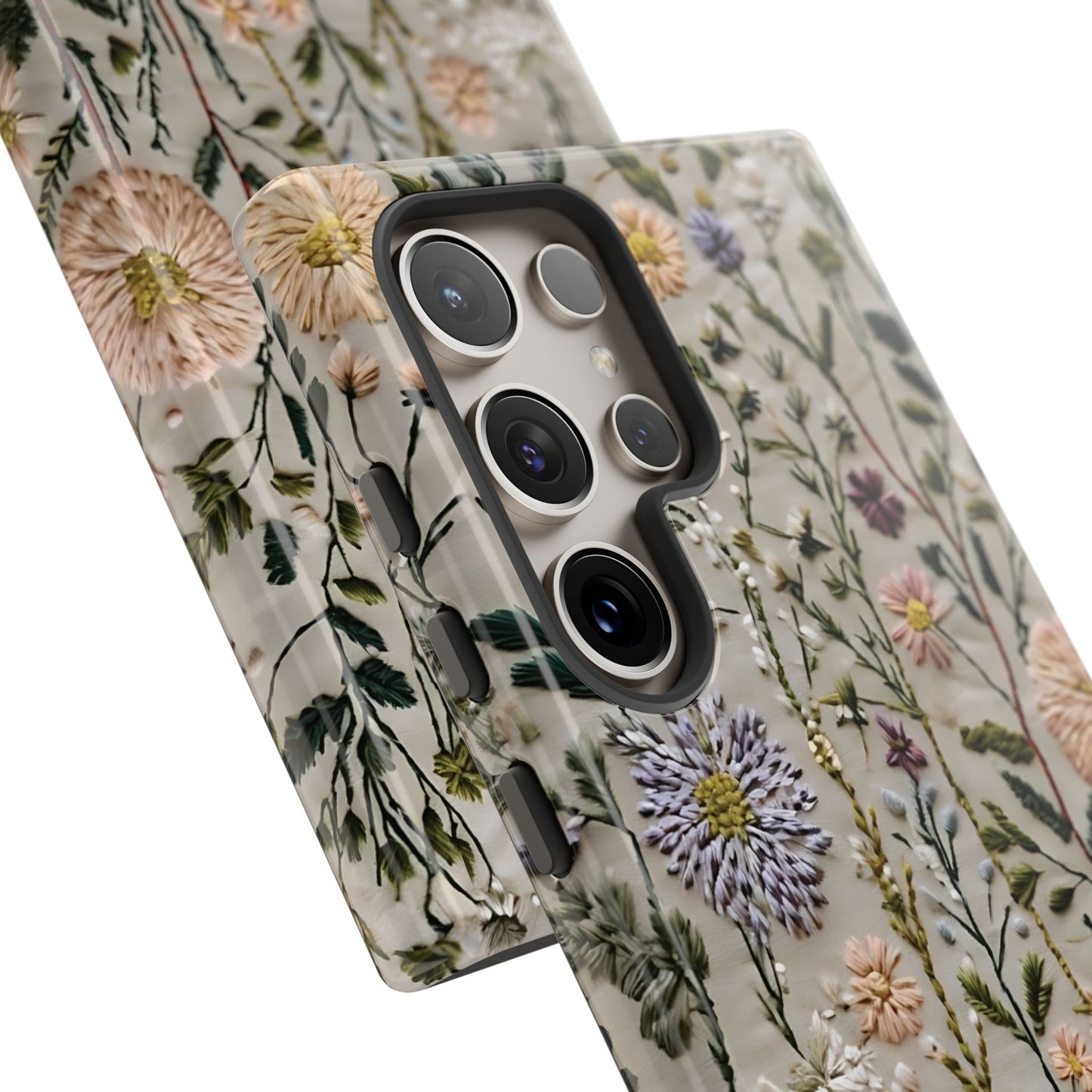 Intricate Embroidery Artwork Featuring Botanical Elements On Beige phone case design.