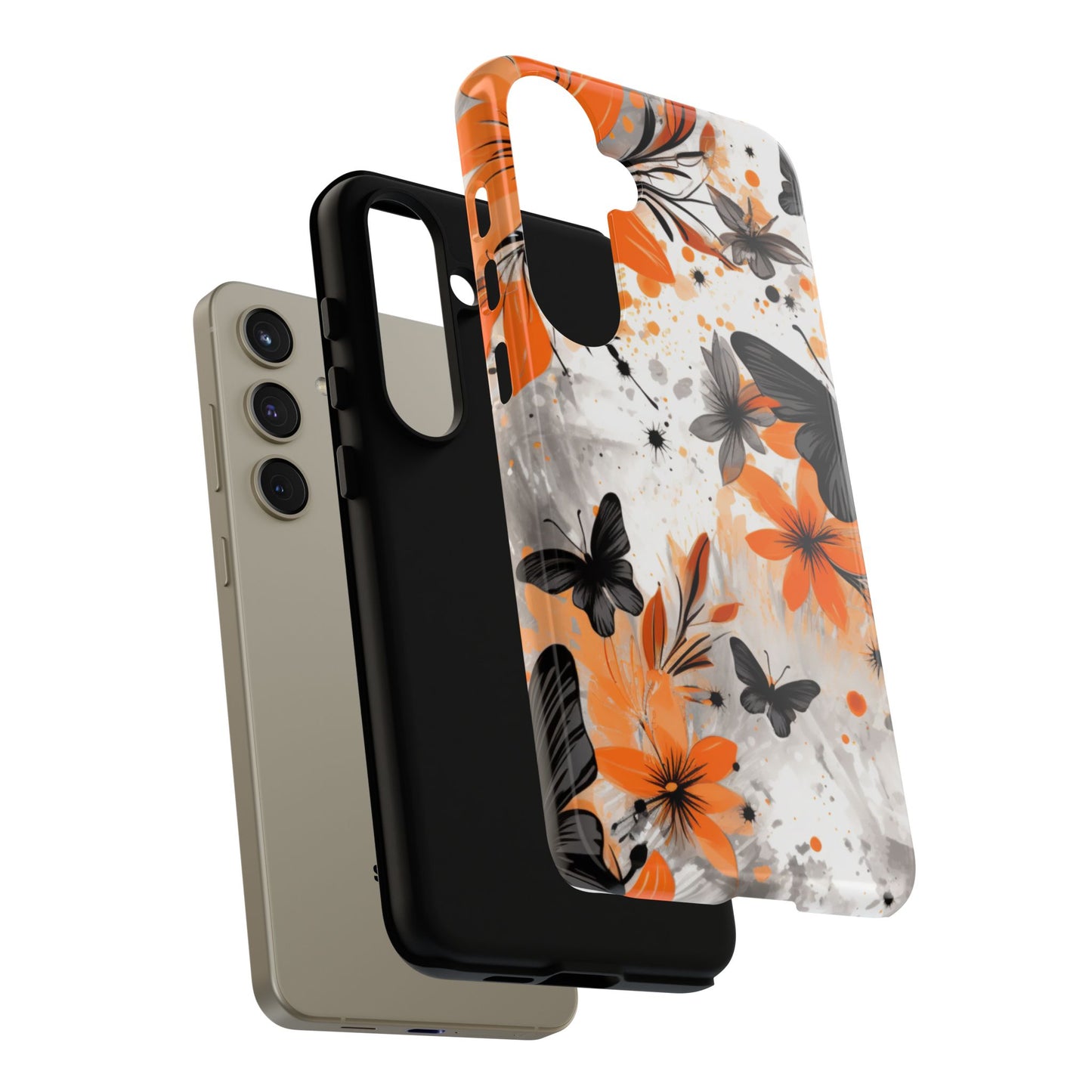 Bold Butterfly & Floral Splash Mobile Cover – Black & Orange Aesthetic
