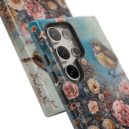 Whimsical Bird Surrounded By Lush Flowers In Dreamlike Setting phone case design